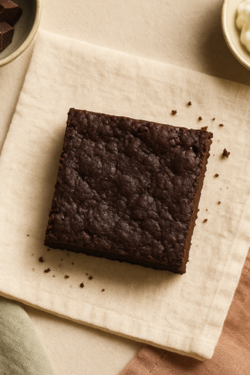Fudgy chocolate cottage cheese protein brownie on a cream linen napkin