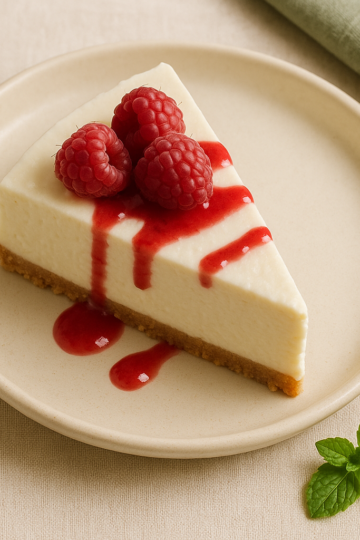 A slice of no-bake cottage cheese cheesecake with raspberry sauce