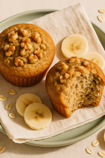Two tall fluffy high-protein banana muffins on a cream linen napkin with a sage ceramic plate